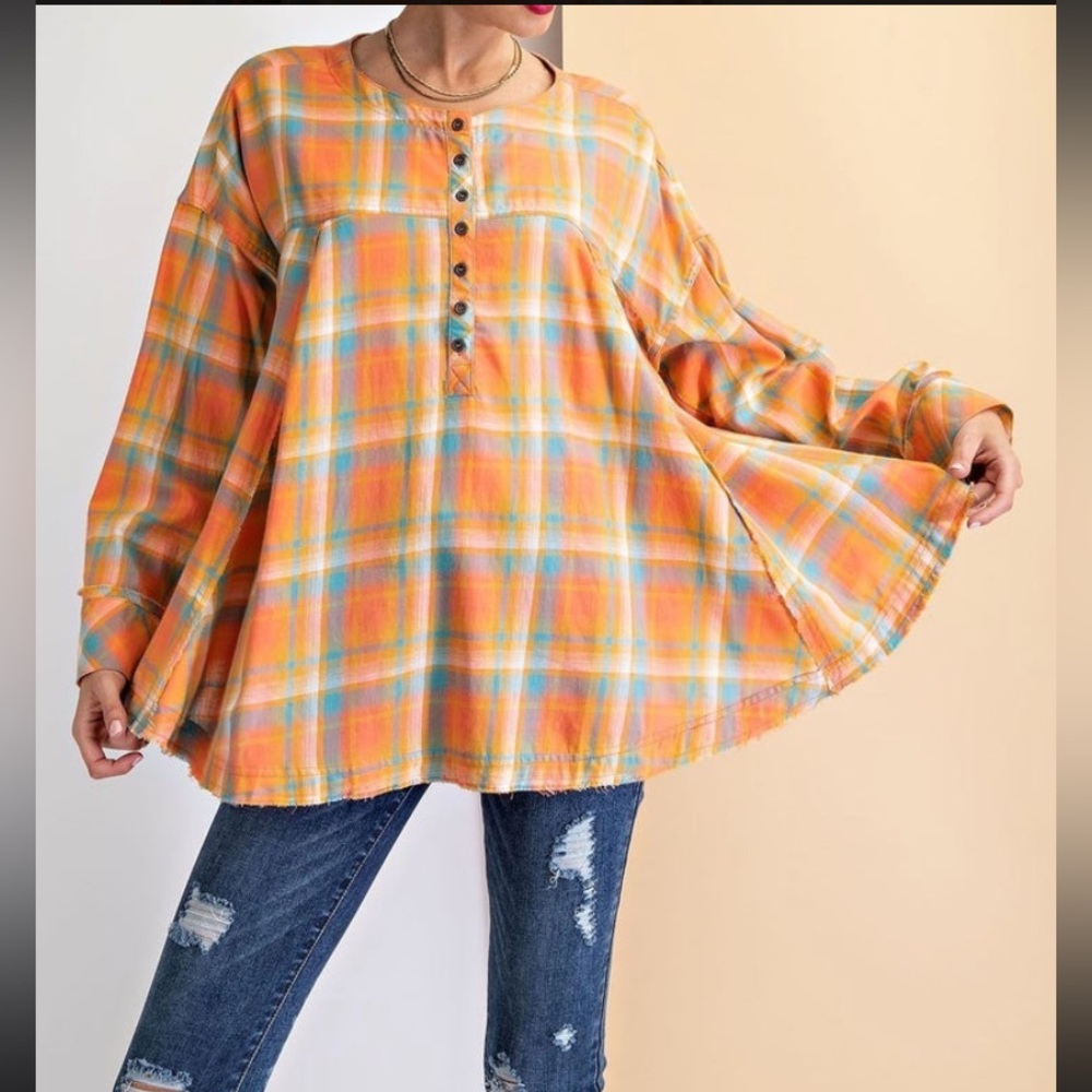 NWOT Easel Boho Orange Plaid Swing Top